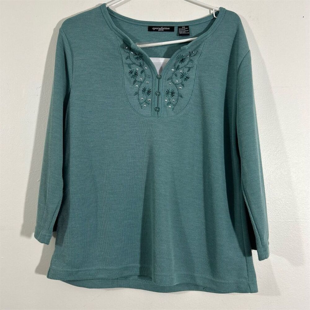 Speculation Petite‎ Women's Teal Embroidered Floral Blouse Top PM Solid